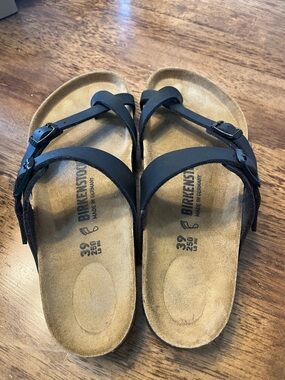 Birkenstock Black Strappy Leather Footbed Sandals
